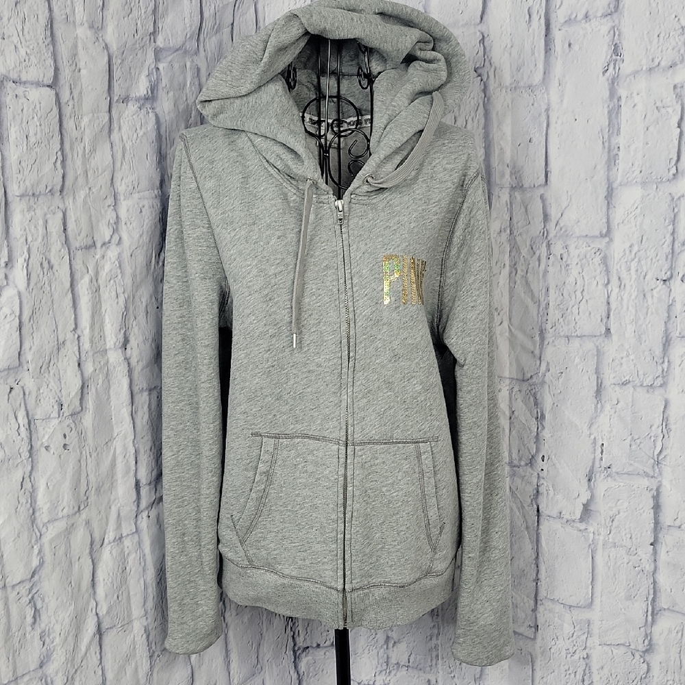 Victoria's Secret Gray Zip-Up Hoodie with‎ Gold Foil Logos Medium
